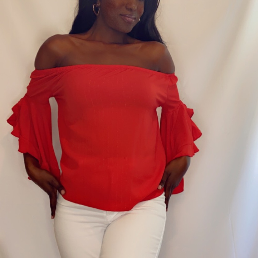 Bright Red Off Shoulder Blouse with Bell Sleeves